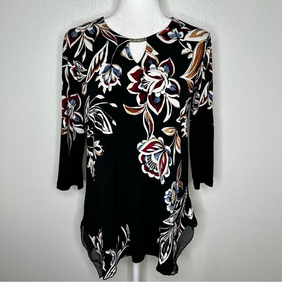 JM Collection Womens Black & White Floral Jersey Tunic Top Size PM EUC - Picture 1 of 10